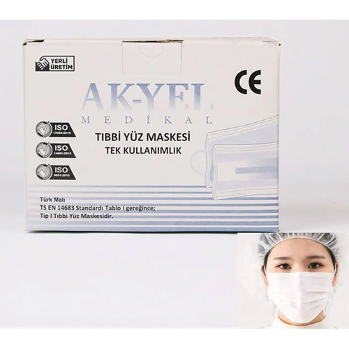 Akyel Maske Lastikli Filtreli 3 Katlı Beyaz 50 Li