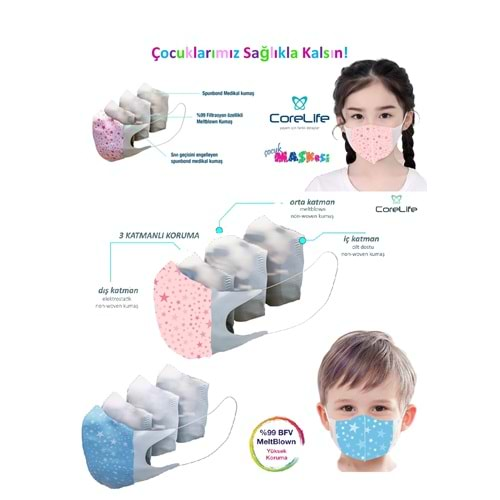 Corelife Meltblown Erkek Çocuk Maskesi 50 Adet Monster Desenli